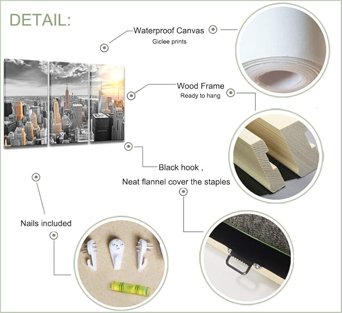 LevvArts Large 3 Piece New York City Canvas Wall Art Modern Black and White NYC at Gold Sunset Picture Prints Cityscape Skyline Poster Framed for Home Office Living Room Decor