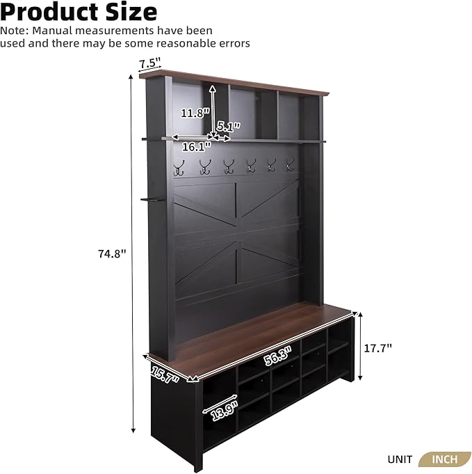 Ball & Cast 4-in-1 Hall Tree with 6 Hooks,Walnut Entryway Bench with Adjustable Shelves,Rustic Shoe Organizer with 16 Open Compartments,for Mudroom,Living Room,Hallway,Black