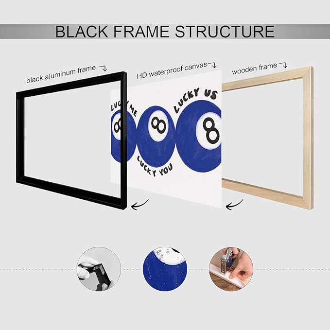 Blue 8 Ball Poster, Lucky Me Lucky You Lucky Us Quote Canvas Wall Art, Playful Billiards Balls Picture Print, Retro 8ball Pool Painting for Bar Cart Game Room Man Caves Wall 24x36in Wrapped Canvas