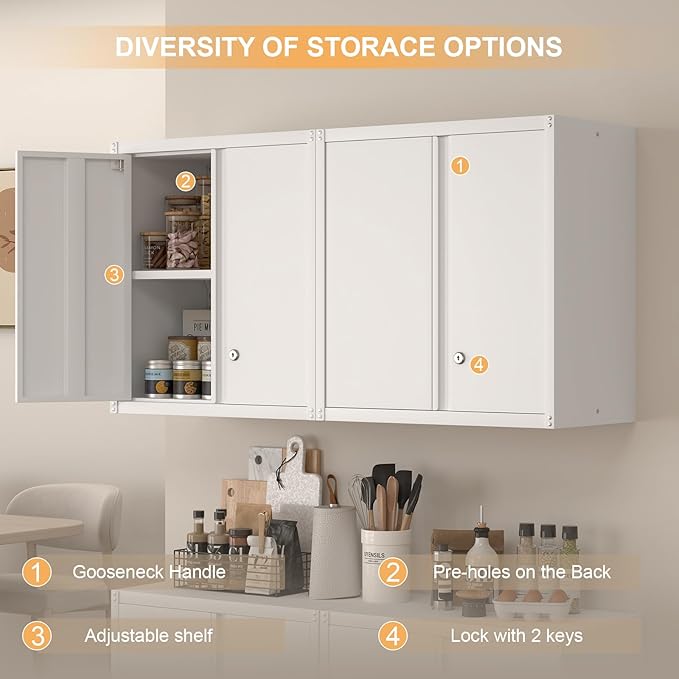 Wall Cabinet,Metal Storage Cabinet with 2 Doors,Locking Wall Cabinets for Office,Home,White