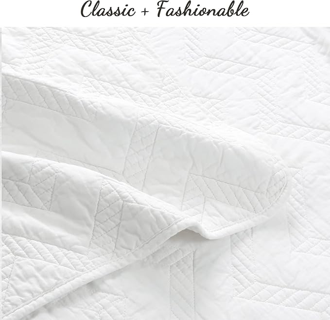 Cozy Line Home Fashions 100% Cotton Geometric Modern Zig Zag Stitch Solid White Quilt Bedding Set, Coverlet, Bedspread Lightweight for All Season (Chevron, King - 3 Piece)