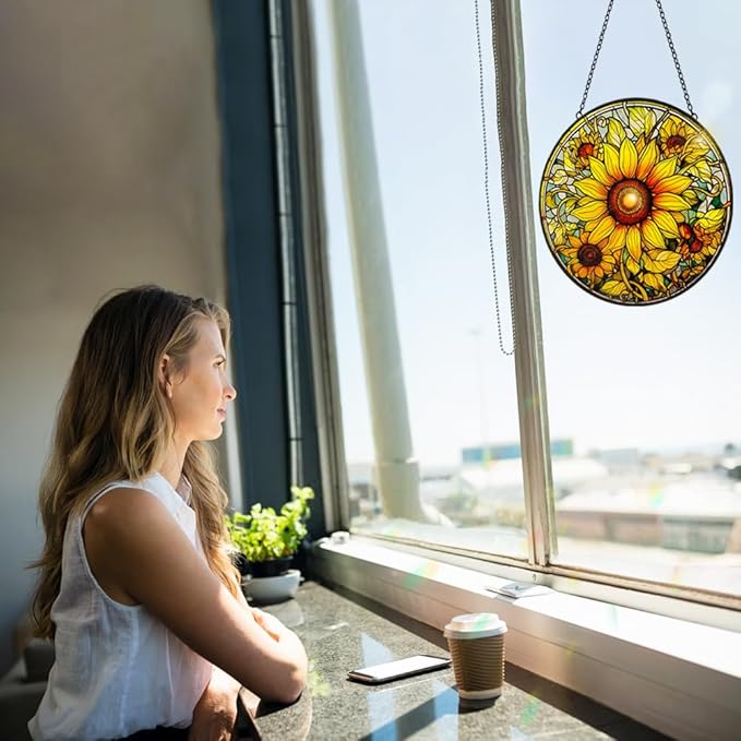 Sunflower Suncatcher Stained Glass Window Hanging Ornaments - 8” Handmade Sun Catchers Indoor Window Outdoor Garden Decor - Wall Art Sun Flower Glass Panel with Hooks - Sunflower Gifts for Women Mom