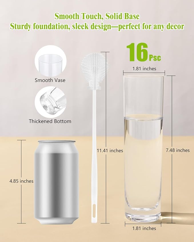 Glass Cylinder Vases for Centerpieces – Set of 16 Handmade Clear Flower Vase 7.48" Tall,Wedding Table Decor for Single Rose Bud Vases,Small Vases Home Decor,Floreros,1 Brush