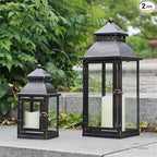 NEEDOMO Lanterns Decorative Outdoor&Indoor, Set of 2 Large Bronze Metal Lantern Decor with Glass, Candle Holder for Porch, Patio, Garden, Balcony, Wedding, Table Centerpiece Decorations