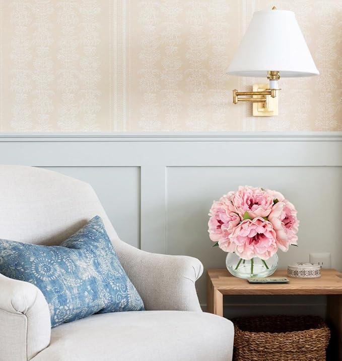 Hollyone Light Pink Peonies Artificial Flowers with Vase Faux Flowers Peony Fake Flowers Silk Flower Arrangements in Glass Vase with Faux Water for Bathroom Table Centerpiece Shelf Home Decor