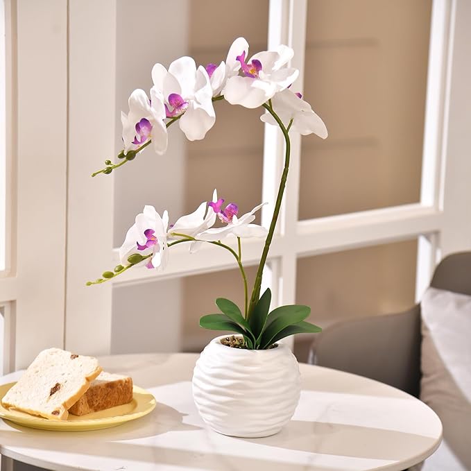 Artificial Potted Orchid Faux Phalaenopsis Silk Flowers Bonsai Realistic Arrangement in Ceramic Vase for Home Decoration Table Centerpiece, White