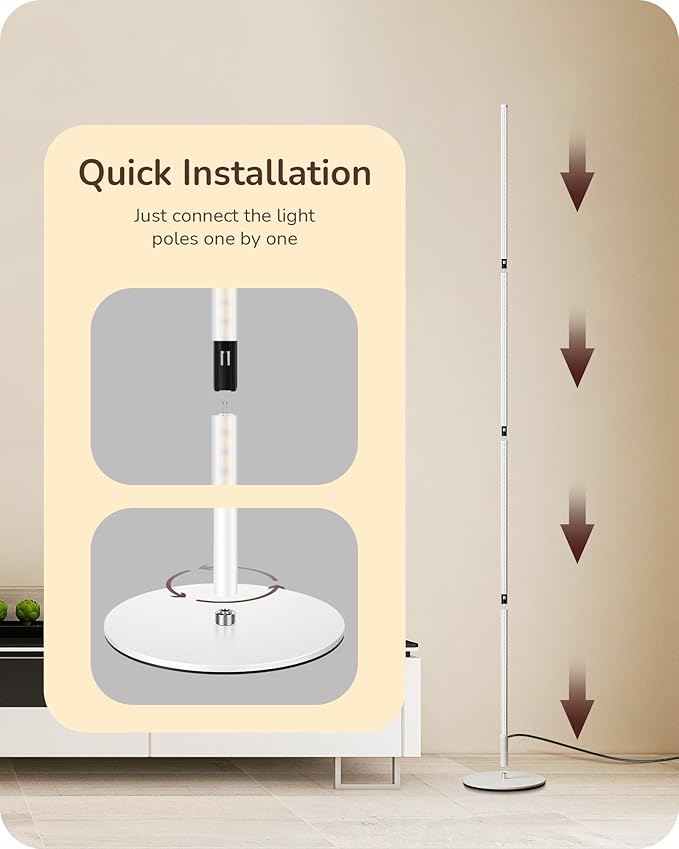 EDISHINE LED Corner Floor Lamp, 57.5" Minimalist Dimmable Sleek Light, Adjustable Height, Tall Floor Lamps for Living Room, Bedroom, Office, 3000K Warm White Light, White