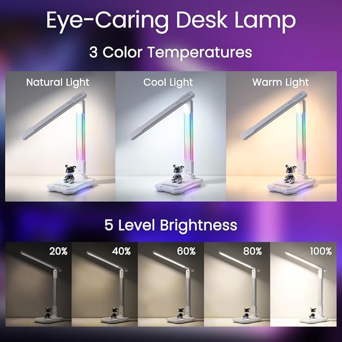 WILIT Desk Lamp for College Dorm Room,Sound Reactive RGB Lamp, Gamer Room Decor, Table Lamp with Wireless Charger&USB Charging Port,Touch Control Lamp,LED Reading Lamp for Home Office,Men Gifts