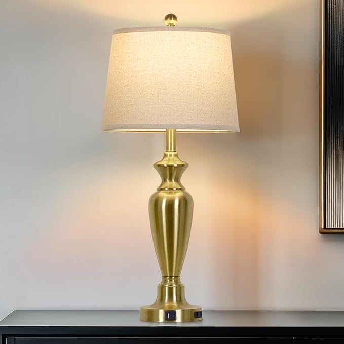 30" Tall Gold Table Lamp for Living Room, 3-Way Dimmable Touch Control Bedside Lamp for Bedroom Nightstand with USB A+C Ports & AC Outlet (1 Pack)