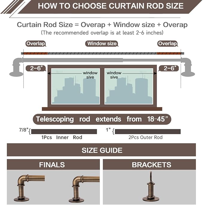 Industrial Curtain Rods 18 to 45 in,Blackout Curtain Rod,Adjustable Length,1 in Diameter Pipe,Wall or Ceiling Mounted,for Bedroom and Living Room (Antique Brass18” to 45”)
