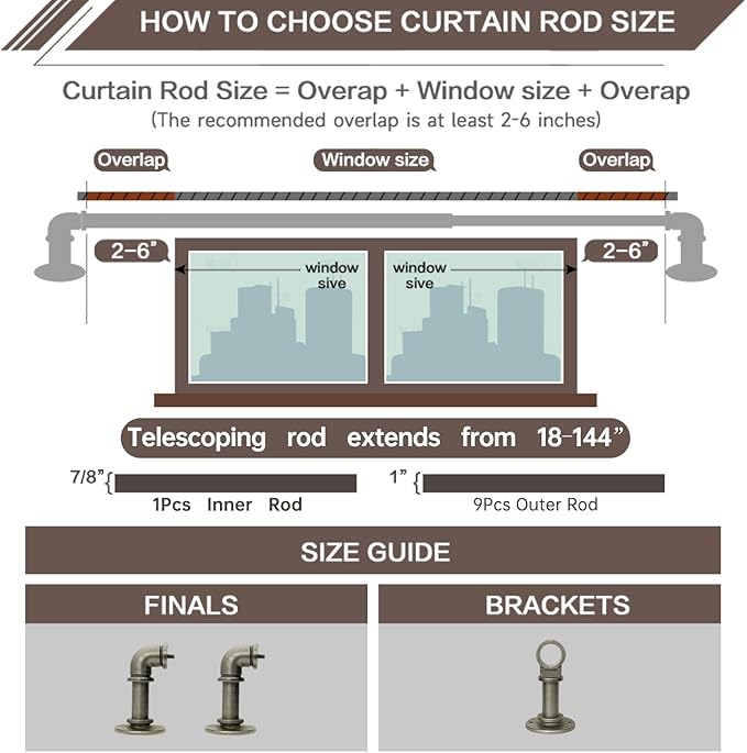Industrial Curtain Rods 18 to 144 in,Blackout Curtain Rod,Adjustable Length,1 in Diameter Pipe,Wall or Ceiling Mounted,for Bedroom and Living Room (Antique Silver 18” to 144”)