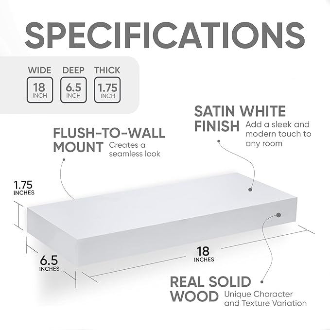 Homeforia White Floating Shelf 18 inch, High End Solid Real Wood 18inch Bathroom Floating Shelves for Wall Mounted, White Wooden 18in Floating Shelves, Heavy Duty Bracket, 18 X 6.5 X 1.75 in, Set of 3