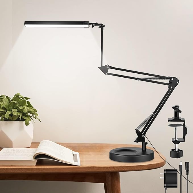 NOEVSBIG LED Desk Lamp with Clamp,2-in-1 Clamp on Desk Lamps with Base,50.7" Adjustable Swing Arm Architect Desk Lamp,Memory Function Desk Lights for Home Office,Workbench,Reading,Craft,Drafting