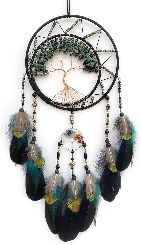 7 Chakras Dream Catchers Tree of Life Dream Catcher Green Feather Dreamcatcher Wall Decor with Rainbow Healing Crystal Stone Wall Art Hanging for Bedroom Home Decor Bless Gift Wedding Party