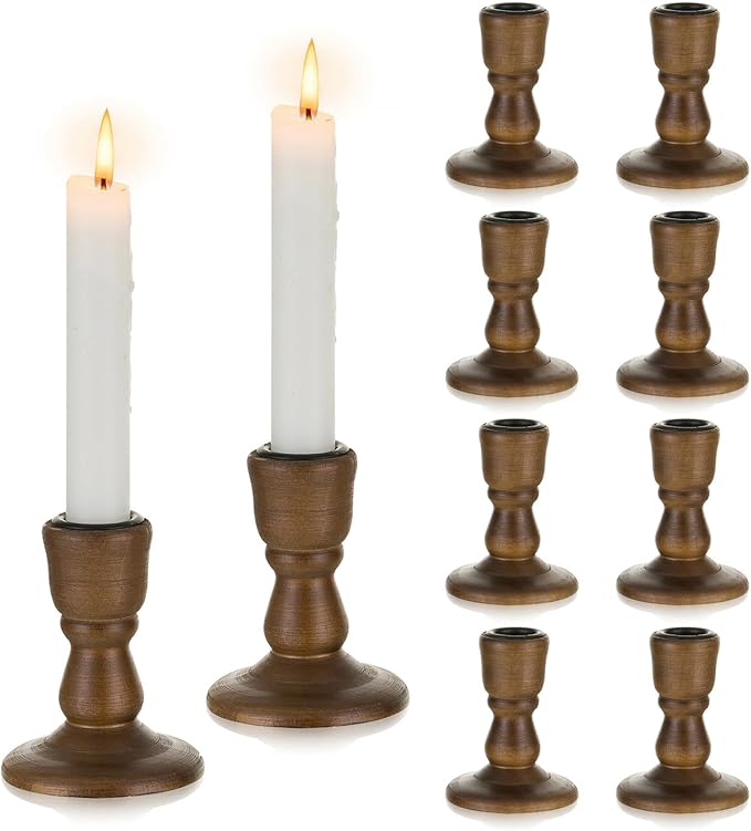 Wooden Taper Candle Holders: Wood Candlestick Holders Rustic Brown Farmhouse Fall Decor for Living Room Dinning Table Centerpiece Christmas Set of 10