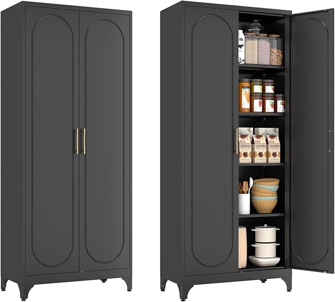 Pantry Cabinet, 75 Inch Tall Kitchen Storage Cabinet, Metal Pantry Cabinets with Doors and Adjustable Shelves, Black Freestanding Food Cupboard for Living, Dinning Room-Assembly Required