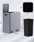 Arlopu 16 GallonStainless Steel Trash Can, 60L Dual Compartment, Metal Kitchen Step Recycle Bin, Metal Double Dustbin, in-Home Garbage Rubbish Can W/Removable Liner Buckets (Grey)