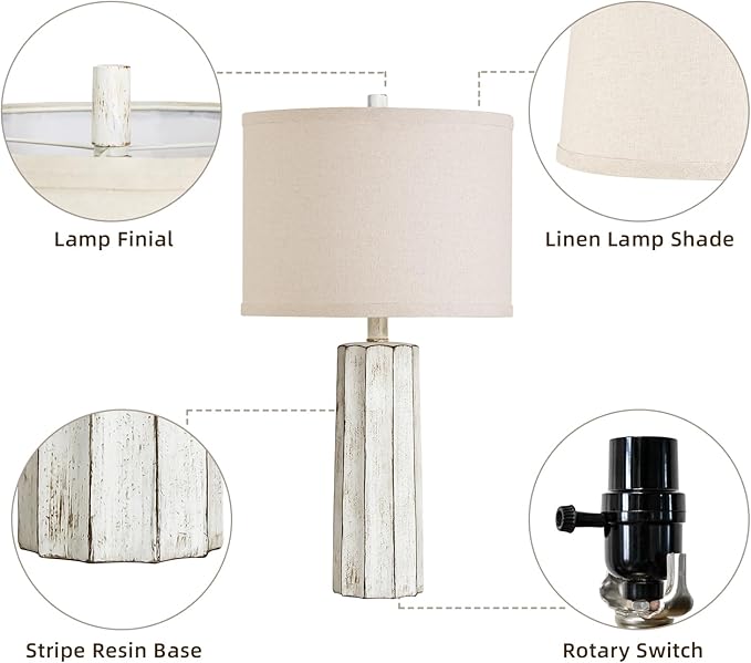 RORIANO 24'' Rustic Table Lamps Set of 2 for Bedroom Living Room, Wash White Farmhouse Vintage Desk Lamps Modern Resin Nightstand Lamps for Office Entryway End Table, 2 Bulbs Included (Wash White)