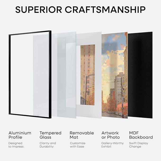 Homeforia 24x30 Poster Frame Black, High End Metal 24 x 30 Picture Frames with Mat 18 by 24 inches Photo, 24x30 Black Frame Matted to 18x24 Print, 30x24 Large Frame, Tempered Glass, Wall Kit, Set of 1