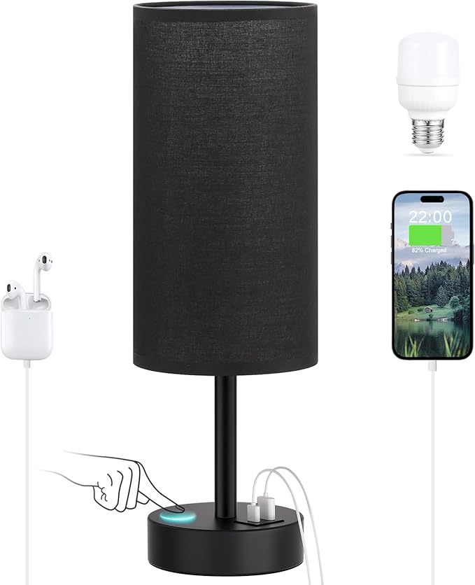 Black Touch Bedroom Lamp with USB - 3 Way Dimmable Table Lamp for Bedroom, Nightstand Lamp with Black Charging Station for Desk Dorm, Office, Boy Kids Room, Small