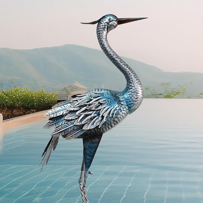 Crane Outdoor Decor Statue, Blue Heron Garden Statue Metal Yard Art Outdoor Decoy, Garden Sculptures & Statues for Yard/Lawn/Pond/Outdoor Decoration, 1Pc