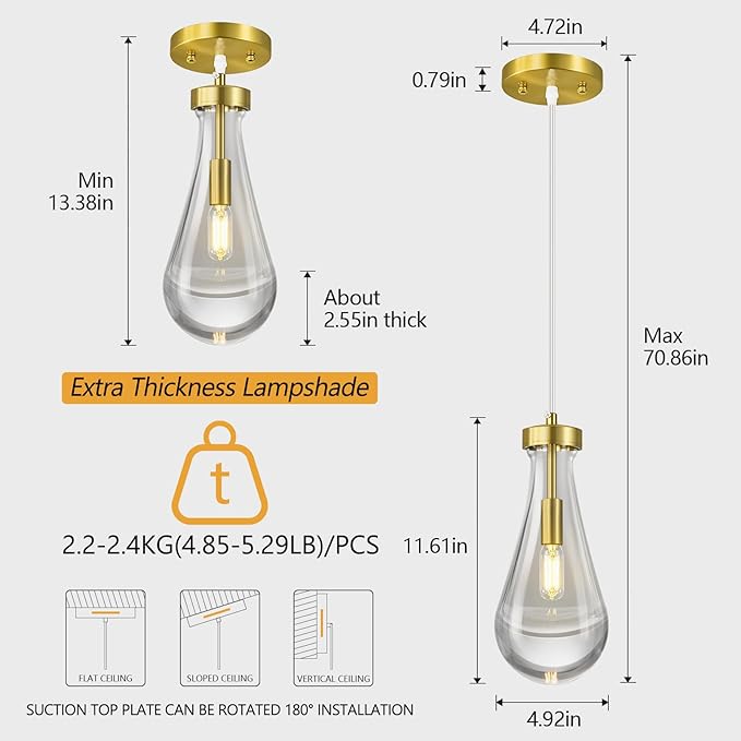 Raindrop Pendant Lights Kitchen Island Set of 2 Teardrop Gold Hanging Light Fixtures Clear Solid Glass Pendant Light Modern Chandeliers for Dining Room Porch Corridor Living Room…
