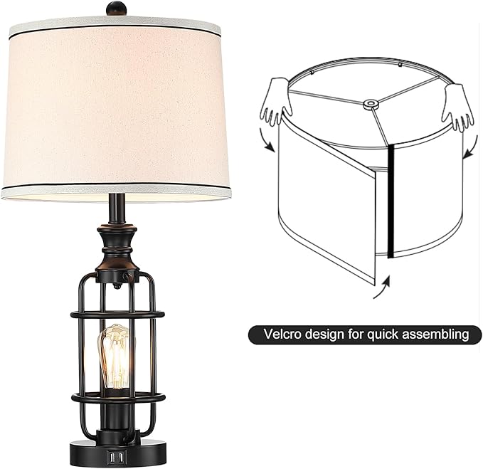 26.3”Table Lamps Set of 2 with USB Charging Ports,Farmhouse Bedside Nightstand Lamp with Rotary Switch,Rustic Reading Lamps Industrial Desk Lamps for Bedroom Living Room,Bulbs Included