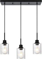 Modern 3-Light Pendant Island Light Fixture Black Ceiling Hanging Lights with Clear Seeded Glass and Adjustable Cord,Industrial Pendant Lighting for Kitchen Living Room Dining Room Foyer