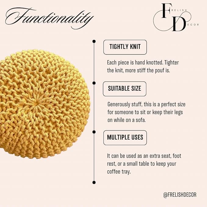 FRELISH DECOR Round Pouf Ottoman Hand Knitted 100% Cotton Pouf Foot Stool - Knitted Bean Bag - Floor Chair for Living Room Bedroom - Foot Rest for Couch (20 Diameter x 14 Height) - Yellow