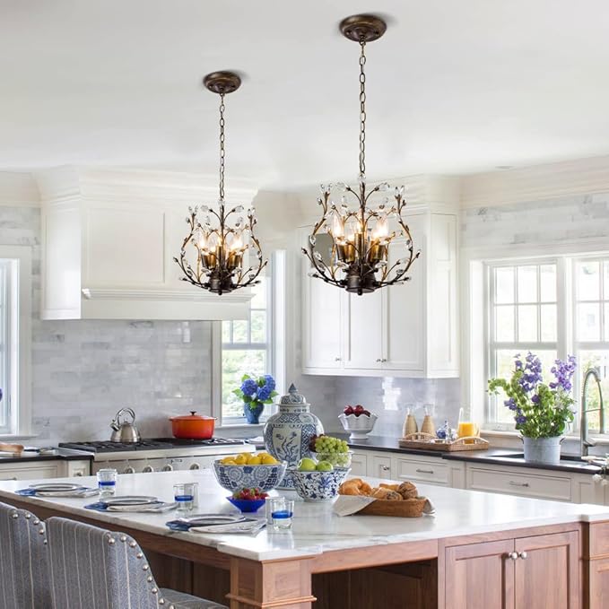 5-Light Vintage Crystal Branch Chandelier Farmhouse Hanging Pendant Light Fixtures for Living Room Dining Room Foyer Kitchen Island Hallway, Aged Bronze