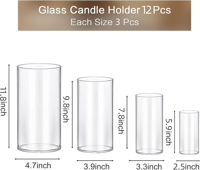 PHOSPHOR 12 PCS Glass Candle Holder, Hurricane Candle Hoder, Glass Pillar Candle Holder, Clear Cylinder Candleholder Cylinder Vase for Centerpieces Wedding Party Decoration