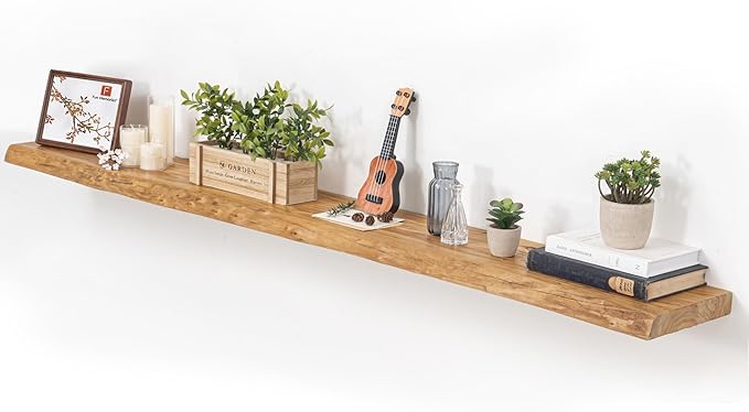 Floating Shelves for Wall, 72"x9.3" Rustic Solid Live-Edge Elm Wood Wall Shelves, Heavy-Duty Floating Shelves with Invisible Brackets for Living Room, Bedroom, and Kitchen, Natural Finish