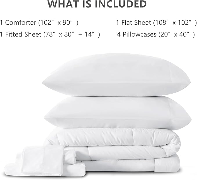 CozyLux King Size Comforter Set White, 7 Pieces Bed in a Bag, White Comforter King Size, All Season Bedding Sets with Stitch Quilted Comforter, Flat Sheet, Fitted Sheet, Pillowcases
