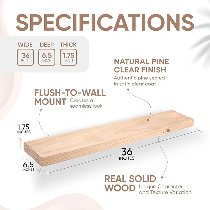 Homeforia 36 inch Natural Floating Shelf, High End Solid Real Wood 36inch Small Floating Shelves for Wall Mounted, Natural Wooden Floating Shelves, Heavy Duty Bracket, 36 X 6.5 X 1.75 in, Set of 3