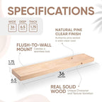 Homeforia 36 inch Natural Floating Shelf, High End Solid Real Wood 36inch Small Floating Shelves for Wall Mounted, Natural Wooden Floating Shelves, Heavy Duty Bracket, 36 X 6.5 X 1.75 in, Set of 3