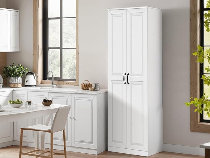 Storage Cabinet/Pantry cabinets, Soft White Finish, 71" Tall Wood Cupboard with 2 Door and 3 Adjustable Shelves for Kitchen, Dining Room, Living Room, Bathroom (Style 1)