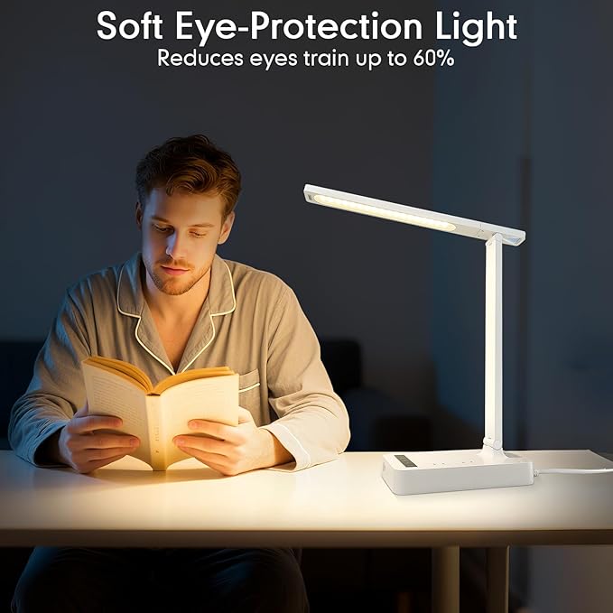 Desk Lamp with 4-Port Charging Station (2 AC Outlets, USB-C, USB-A), 5 Color Modes & Adjustable Brightness, Flexible Gooseneck Arm, Eye-Protecting LED Light Source, Ideal for Home Offices & Bedrooms