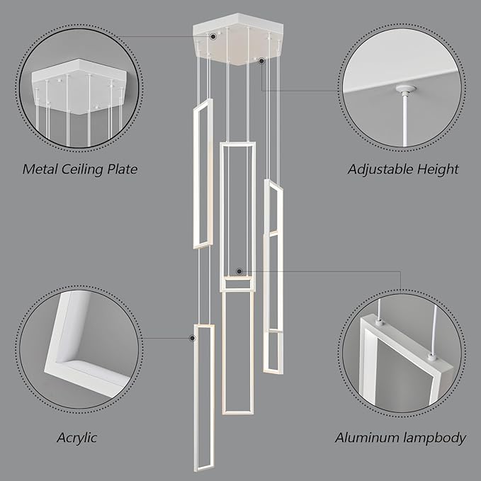 Modern Adjustable Height Pendant Light White 108W LED Pendant Lights 6 Rings Rectangular Chandelier Staircase Large Chandelier Lobby Living Room Kitchen Island Foyer High Ceiling Chandeliers
