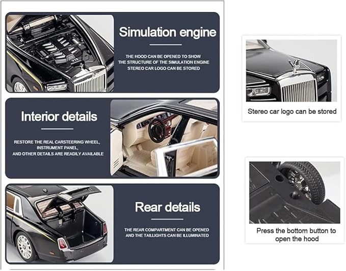 EROCK Exquisite car Model 1/24 Rolls-Royce Phantom Model Car,Zinc Alloy Pull Back Toy car with Sound and Light for Kids Boy Girl Gift. (Black)