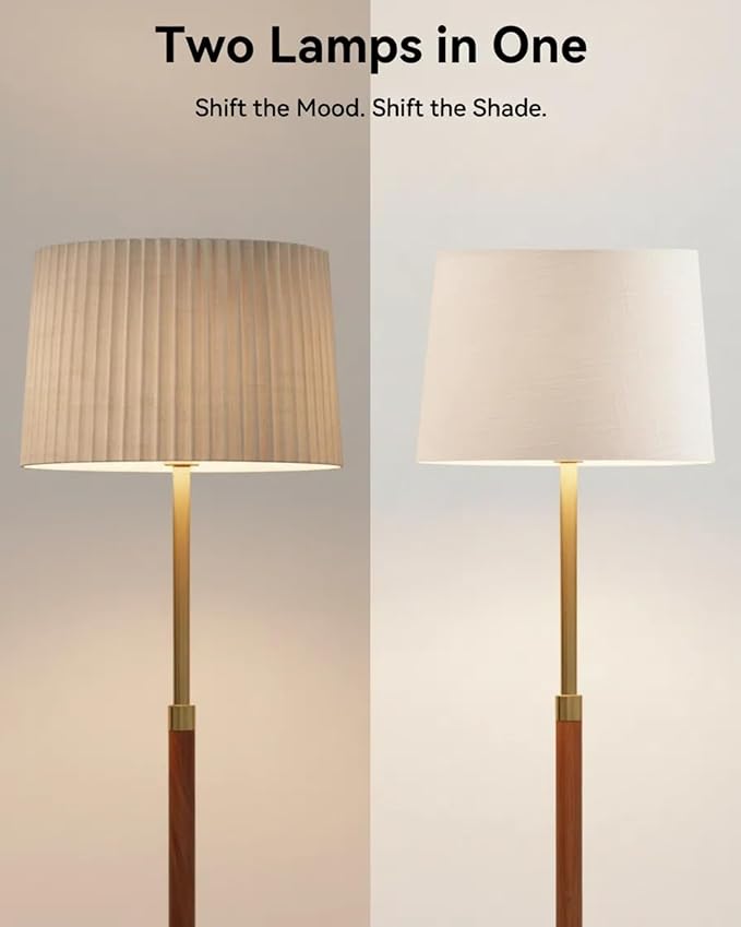 JOOFO Mid-Century Modern Wood Floor Lamp with Dual Fabric Shade, Remote Control, Dimmable & Adjustable Color Temperature, Reading & Living Room Lamp, Easy Clean Cover, Foot Switch
