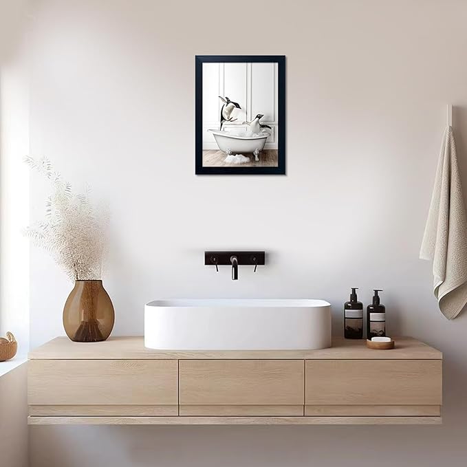 Framed Kids Bathroom Decor Funny Bathroom Wall Art Black and White Wall Decor Cute Penguins in Bathtub Canvas Print Painting Farmhouse Animal Artwork