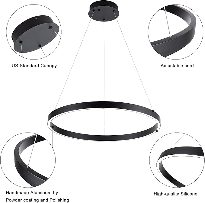 MADEM Room Decor Modern LED Pendant Light 1-Ring Circular Contemporary Chandelier 23.6'' Flush Mount Pendant Lighting for Living Dining Room Bedroom, 6000K Cool White, Black