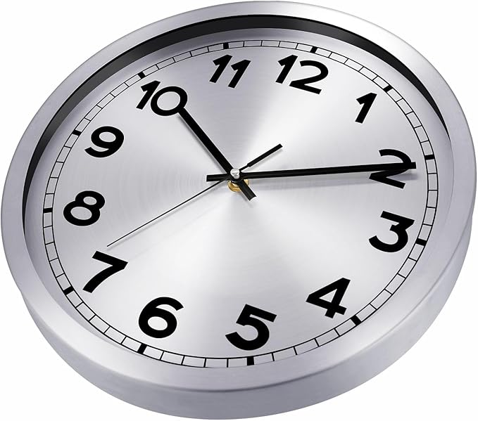 Plumeet Small Wall Clock, 10 Inch Battery Operated Wall Clock with Silver Aluminum Frame, Non Ticking Silent Metal Wall Clocks Decorative Kitchen Living Room Bedroom