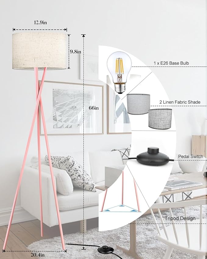 Lightdot Pink Tripod Floor Lamp, Modern Floor Lamps for Living Room, Standing Lamp with Linen Shade, E26 Bulb Included, 66" Tall Floor Lamp for Bedroom, Home Office