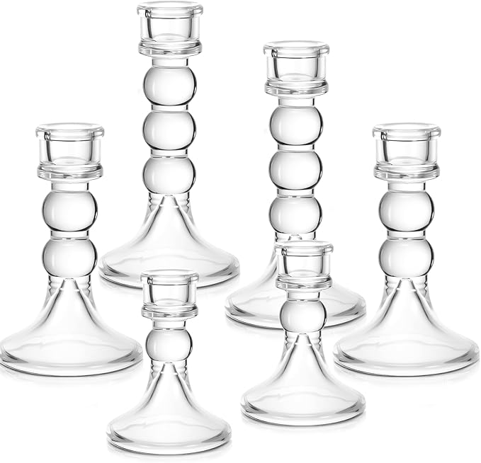 Mumufy 6 Pack Glass Taper Candle Holders Clear Candlestick Holder Fit 0.8 Inch Candles 4'' 6'' 8'' Tall Crystal Decorative Candlestick Stand Centerpiece for Table Wedding Dining Party (Glossy)
