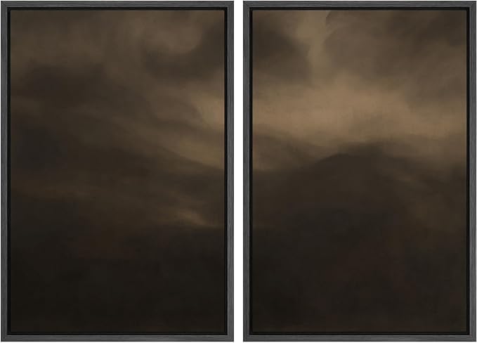 SIGNFORD Framed Canvas Print Wall Art Set Moody Misty Landscape Soft Brown and Gray Hues Illustration Modern Art Decorative Nordic Nature for Living Room, Bedroom, Office - 24"x36"x2 Black