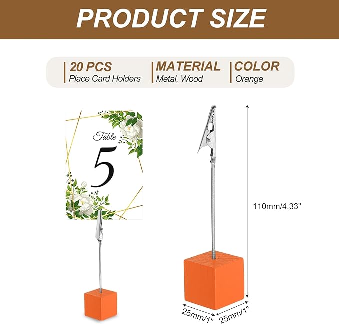 PATIKIL Place Card Holder, 20Pcs Memo Clip Holder Stand with Alligator Clasp Table Number Holders Wooden Base for Pictures Note Card Paper, Orange