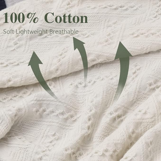 Simple&Opulence 100% Cotton Throw Blanket for Bed, Couch, Boho Luxury Geometric Knit Woven Blanket with Tassels Soft Lightweight Cozy Breathable, Vintage Farmhouse Decoration for All-Season(White)