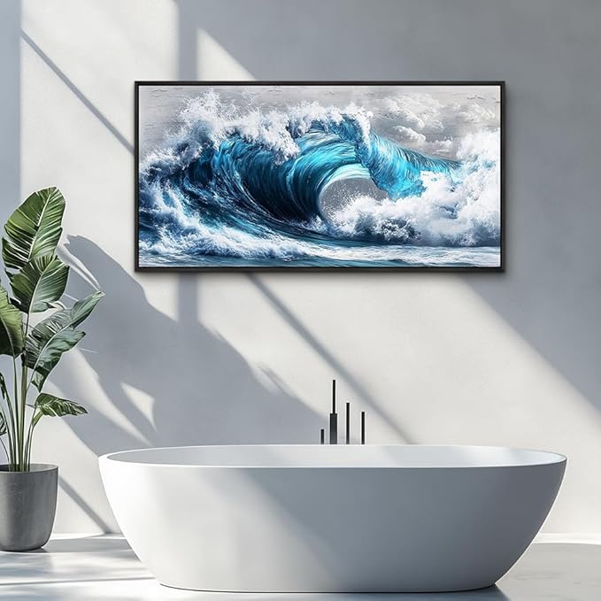 PHAOHUAXM Blue Wave lPaintings Wall Art For Living Room Wall Decor For Bedroom Ocean Inspiration Wall Pictures Office Decor Posters Modern Printing Canvas Artwork Home Decor Black Framed 20x40 In