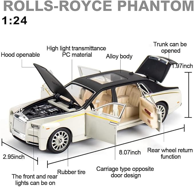 EROCK Exquisite car Model 1/24 Rolls-Royce Phantom Model Car,Zinc Alloy Pull Back Toy car with Sound and Light for Kids Boy Girl Gift. (White)